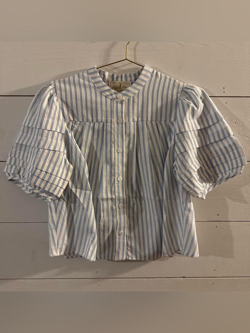 Flora Bea NYC Contessa Top Puff-Sleeve Button Front Blouse - Blue & White